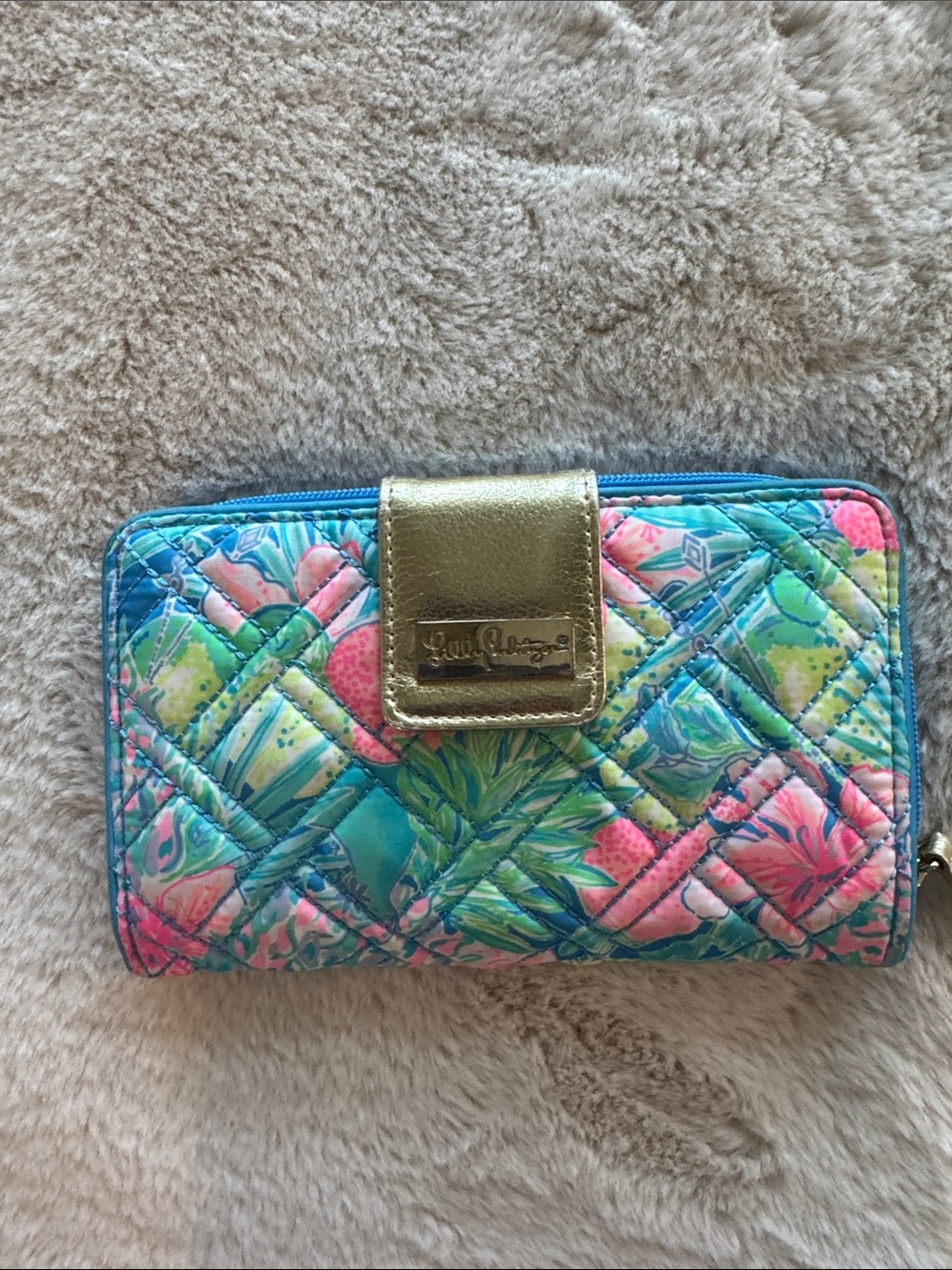 Lilly Pullitze Quilted Wallet in Blue Pink Green Tropical Print with Gold Accent